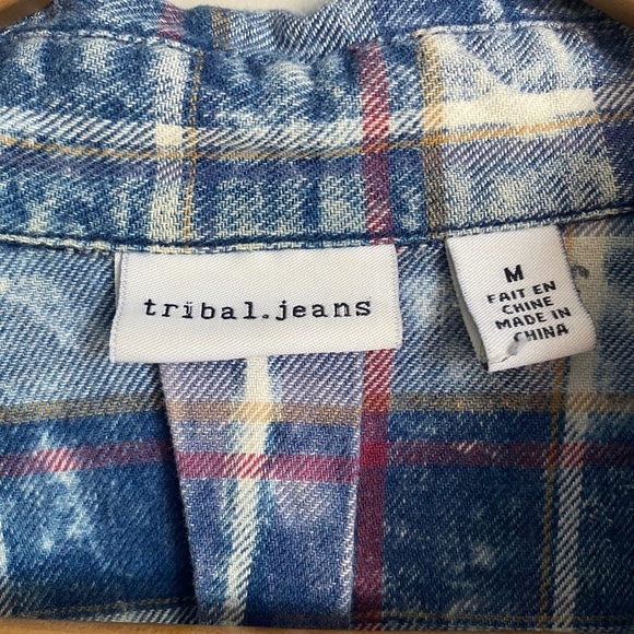 Tribal Jeans Women's Blue Acid Wash Plaid Long Sleeve Button Up Shirt Size Med - Picture 2 of 15